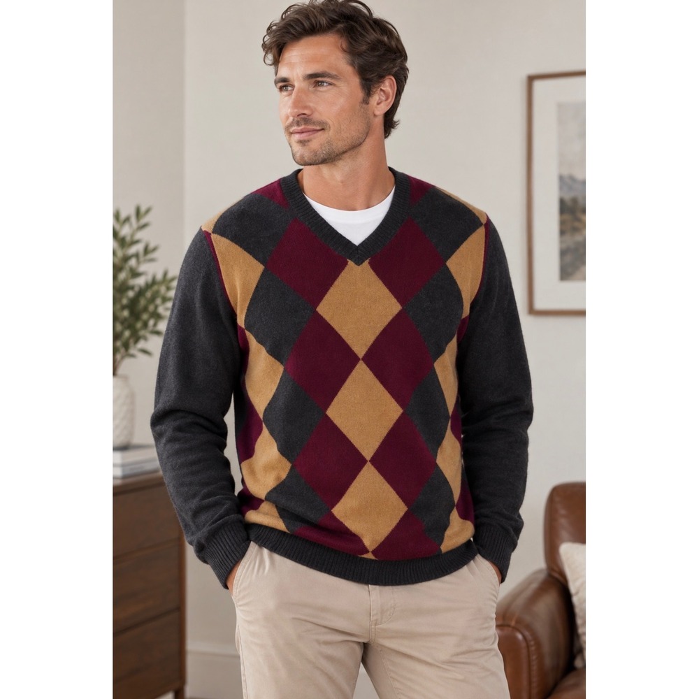 Neiman Marcus Mens Cashmere Argyle V-Neck Sweater Charcoal Burgundy Yellow L